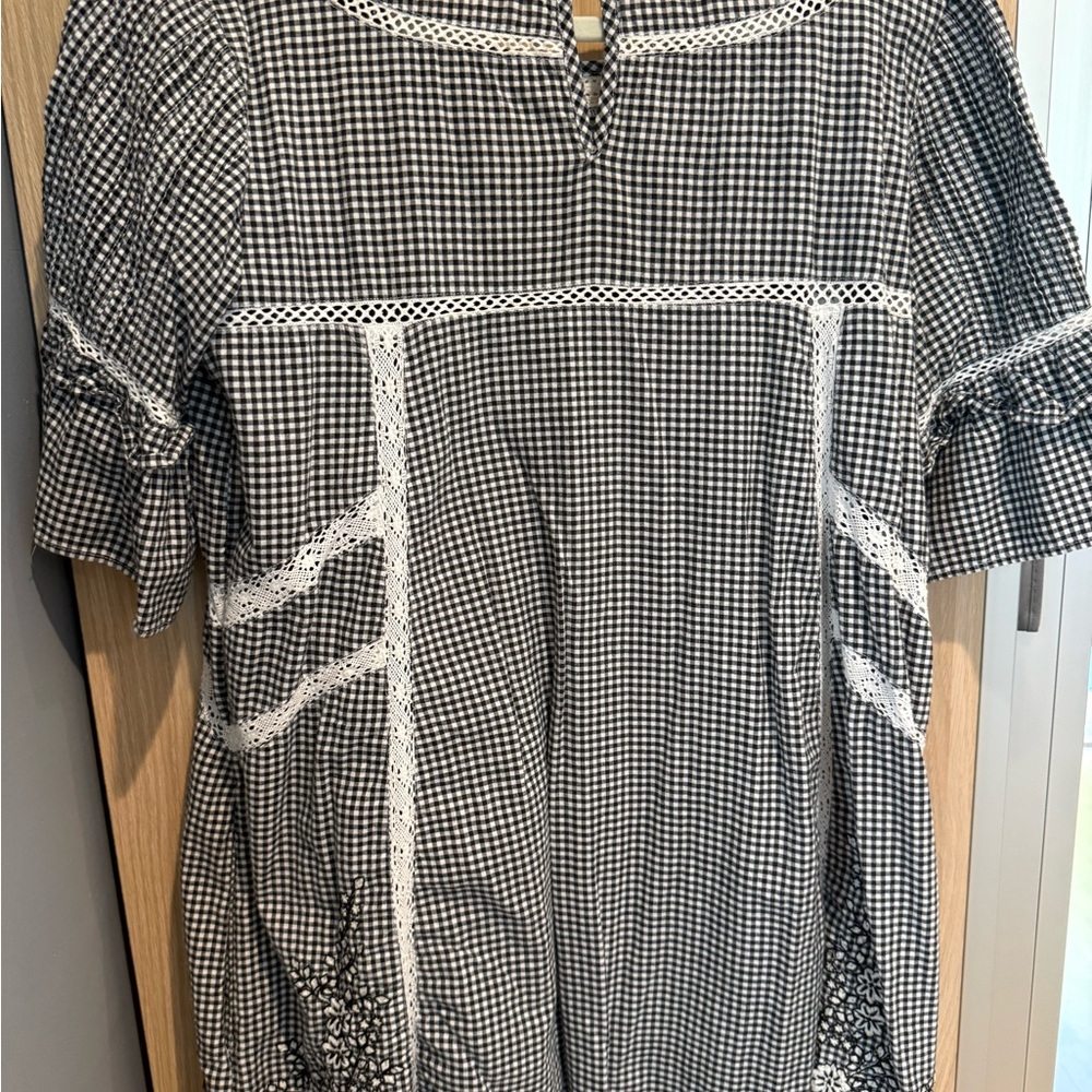 Free People Gingham Embroidered Mini Dress | Crochet Trim | Boho (Black) - Picture 4 of 6